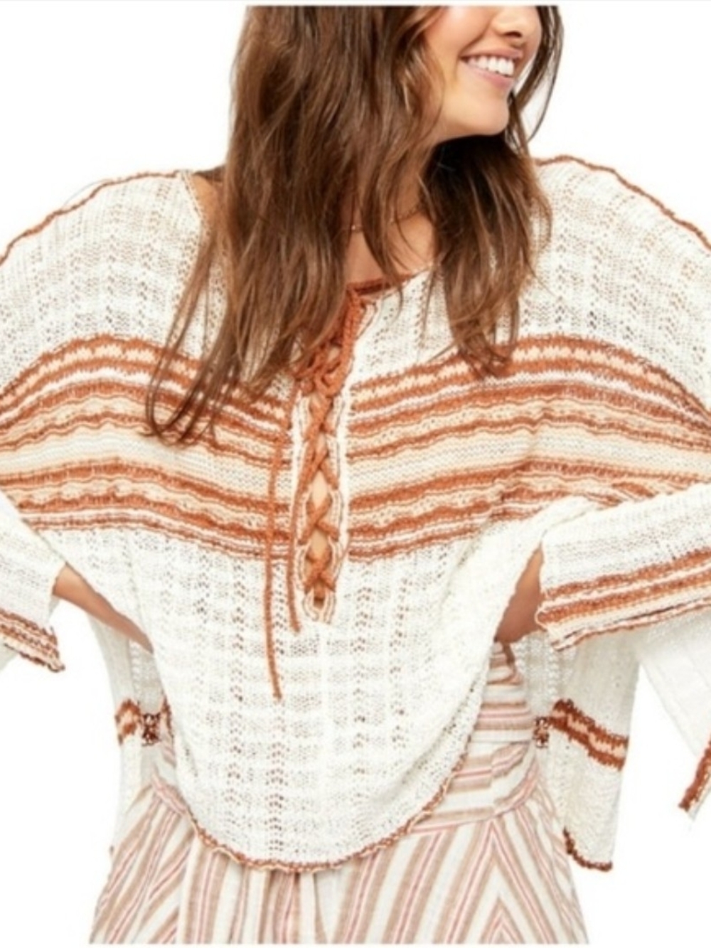 Free People Marina Bay Lace Up Open Knit Sweater Medium Rust White Boho